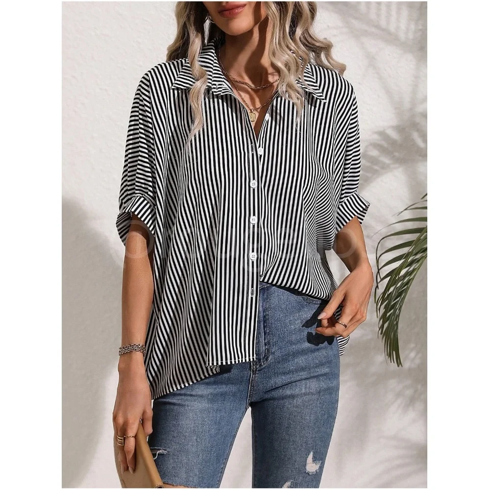 Striped Black White Button Up Front Shirt Oversized Batwing Half Sleeve V-Neck - Picture 6 of 9